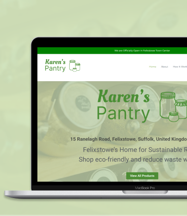 Karen's Pantry Website on a laptop screen with a light green background