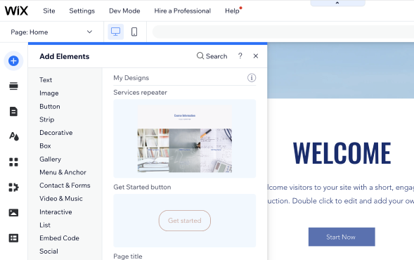 Wix screenshot of the add elements page