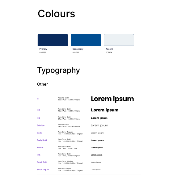 Website brand colour palette example showing blue and grey tones with typography layout design system
