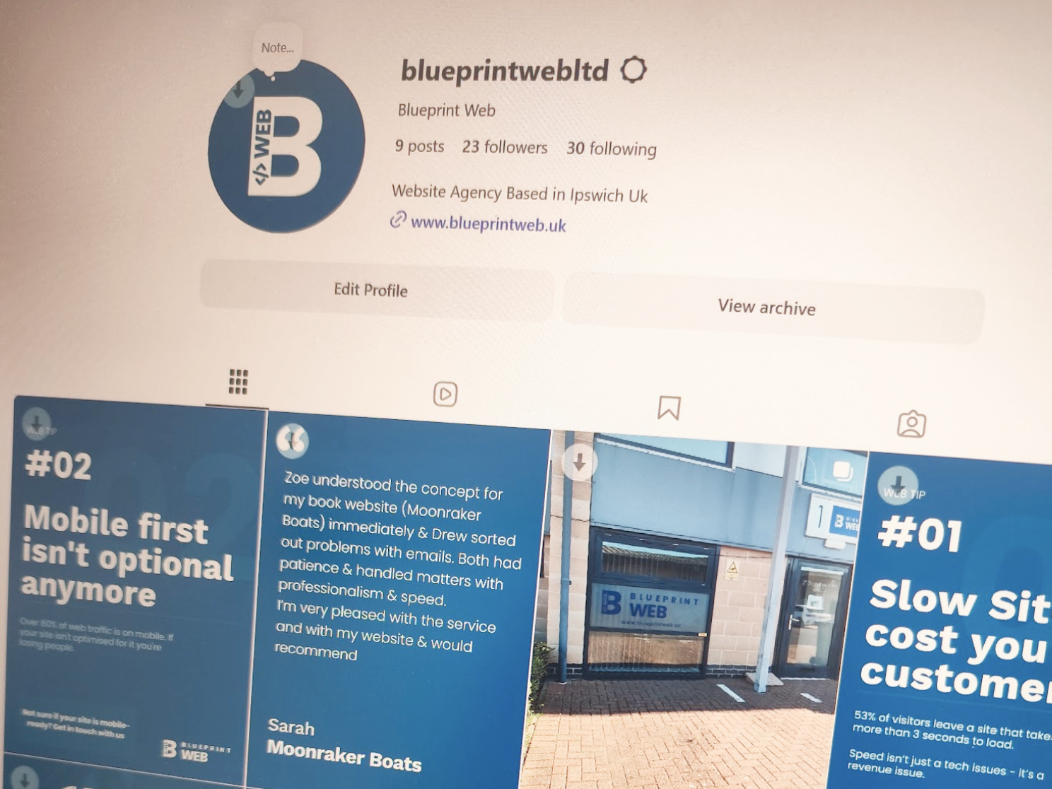 Instagram screenshot of Blueprint web profile