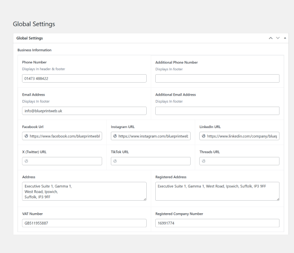 Global settings Page information