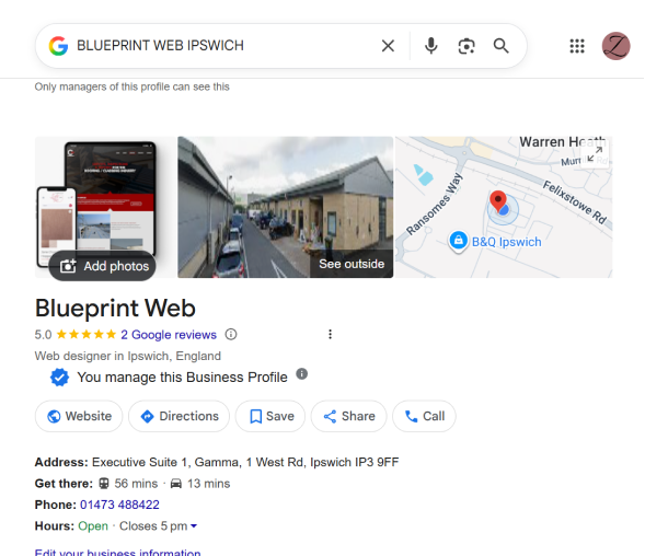 Blueprint web showing on Google Business Profile