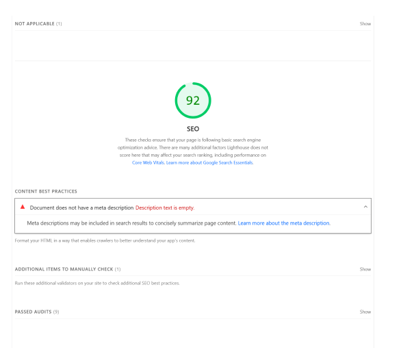 Google Page insights Showing 92 rating on SEO saying missing Meta description