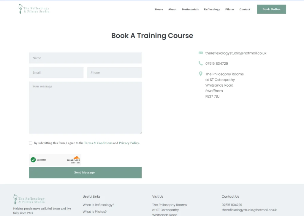 Reflexology & Pilates Studio Booking Form
